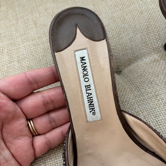 Manolo Blahnik 2000s Silver & Gold Coin Brown Leather Mule Heels - Picture 2 of 13